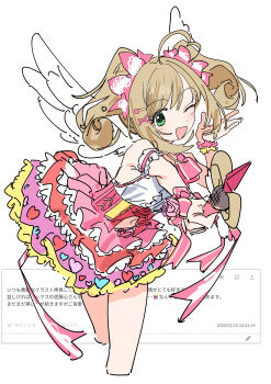  1girl ;q absurdres ahoge blonde_hair blush bow brown_hair cinderella_girls_gekijou dress fake_wings green_eyes hair_ornament haruyuki_(gffewuoutgblubh) heart heart_ahoge heart_hair_ornament highres idolmaster idolmaster_cinderella_girls idolmaster_cinderella_girls_starlight_stage looking_at_viewer one_eye_closed open_mouth request_inset sato_shin simple_background skirt smile solo swept_bangs tongue tongue_out twintails wings 
