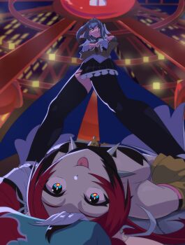  2girls absurdres alllex_goodwin animal_ear_fluff animal_ears arm_above_head arms_under_breasts asymmetrical_sleeves bandeau black_bandeau black_gloves black_hair black_skirt black_thighhighs blue_eyes blue_hair blue_ribbon breasts cape cheese chrono_gear:_warden_of_time city cleavage collar commentary crossed_arms detached_sleeves dice dice_hair_ornament ferris_wheel food from_below gloves hair_ornament hakos_baelz hakos_baelz_(1st_costume) half-skirt highres hololive hololive_english juliet_sleeves key legs_apart long_sleeves lying miniskirt mouse_ears multicolored_hair multiple_girls night official_art ouro_kronii ouro_kronii_(1st_costume) pinstripe_pattern pinstripe_shirt pinstripe_skirt puffy_sleeves red_hair ribbon shirt skirt sky smile spiked_collar spikes standing thighhighs tongue tongue_out underboob virtual_youtuber white_hair white_shirt 