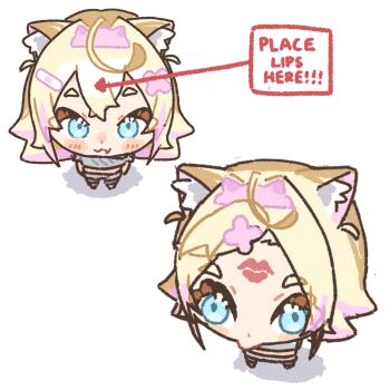  1girl ahoge animal_ear_fluff animal_ears aosan blonde_hair blue_eyes chibi chibi_only dog_ears dog_girl fang from_above hair_between_eyes hair_ornament highres hololive hololive_english lipstick_mark lipstick_mark_on_face lipstick_mark_on_forehead looking_at_viewer meme midriff mococo_abyssgard mococo_abyssgard_(1st_costume) multicolored_hair pink_hair place_lips_here_(meme) virtual_youtuber x_hair_ornament  rating:General score:4 user:danbooru