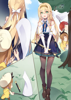  absurdres atelier_(series) atelier_ryza atelier_ryza_1 bare_shoulders black_pantyhose blonde_hair braid commentary_request green_eyes hairband highres holding holding_instrument instrument kidnapping kyou_shuka pantyhose skirt 