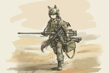  1girl ammunition_belt ammunition_box animal_ears assault_rifle body_armor boots brown_hair browning_m2 bulletproof_vest camouflage carrying combat_helmet commentary_request desert_camouflage green_eyes gun gun_sling heavy_machine_gun helmet holding holding_gun holding_weapon horse_ears horse_girl horse_tail kisaragi_shokuin knee_pads leg_holster m4_carbine machine_gun military_combat_uniform military_uniform original pants ponytail rifle short_hair solo tail tripod umamusume weapon 