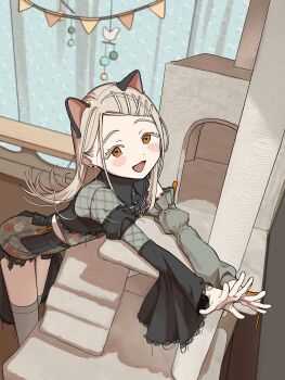  1girl :3 animal_ears belt_pouch black_shirt blonde_hair blush cat_ears cat_girl cat_tower collared_shirt colored_eyelashes commentary_request contrast_(idolmaster) detached_sleeves earrings feet_out_of_frame flipped_hair floral_print gakuen_idolmaster green_shirt green_shorts grey_thighhighs hair_ornament hairclip highres idolmaster indoors jewelry kemonomimi_mode lace lace-trimmed_shirt lace_trim long_hair long_sleeves looking_at_viewer midriff_peek open_mouth orange_eyes parallel_hairclips parted_bangs pouch print_shirt print_shorts shinosawa_hiro shirt shorts showgirl_skirt single_detached_sleeve single_sleeve sks_(s3_rosquilla) solo stretching stud_earrings thighhighs x_hair_ornament 