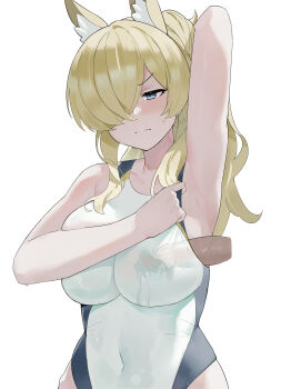  1boy 1girl animal_ear_fluff animal_ears arm_up armpits bare_shoulders blue_archive blush breasts covered_navel cum cum_on_clothes dddm dog_ears dog_girl ejaculation ejaculation_under_clothes embarrassed hair_over_one_eye herero hetero high_ponytail highleg highleg_one-piece_swimsuit kanna_(blue_archive) kanna_(swimsuit)_(blue_archive) large_breasts no_halo official_alternate_costume one-piece_swimsuit paizuri penis_in_swimsuit ponytail sideboob_paizuri sidelocks sweat swimsuit wavy_mouth white_background white_one-piece_swimsuit 