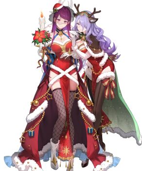  2girls animal_ears antlers breasts camilla_(fire_emblem) camilla_(flurry_embrace)_(fire_emblem) candle candlestand capelet cleavage commentary_request deer_ears dress fake_animal_ears fake_antlers fire_emblem fire_emblem_engage fire_emblem_fates fire_emblem_heroes full_body fur-trimmed_capelet fur-trimmed_dress fur-trimmed_headwear fur_trim gloves hair_over_one_eye hat high_heels highres holding holding_candle holding_candlestand horns ivy_(fire_emblem) ivy_(flurry_embrace)_(fire_emblem) kakage large_breasts leaning_on_person long_hair looking_at_viewer mole mole_under_mouth multiple_girls nintendo non-web_source official_alternate_costume official_art open_mouth purple_eyes purple_hair red_dress red_hat reindeer_antlers santa_costume santa_dress santa_hat smile tachi-e thighhighs veil very_long_hair wavy_hair white_gloves 