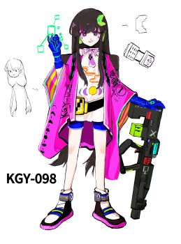  1girl absurdres alternate_costume blue_gloves blue_shorts brown_hair chinese_commentary clothes_writing coat commentary commentary_request english_commentary full_body gloves gun hair_ornament highres holding holding_gun holding_weapon houraisan_kaguya long_hair long_sleeves looking_at_viewer marathon mixed-language_commentary necktie open_clothes open_coat pink_coat pink_necktie red_eyes science_fiction shirt shoes shorts solo stunionjy touhou translation_request very_long_hair weapon weapon_request white_shirt white_shoes 