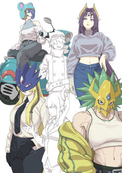  1boy 5girls abs alternate_costume animal_ear_helmet animal_helmet bandaged_hand bandages bare_shoulders beelstarmon belt black_belt black_gloves black_hair black_necktie black_pants blonde_hair blue_eyes blue_hair blue_mask breasts buttons casual closed_mouth collarbone collared_shirt commentary_request covered_collarbone cowboy_shot crop_top cropped_sweater demon_girl demon_horns denim digimon digimon_(creature) digimon_story:_time_stranger double-breasted eye_mask eyeshadow faceless faceless_female faceless_male facial_mark forehead_mark gloves goggles goggles_on_head green_hair grey_sweater hair_between_eyes hair_ornament hair_over_one_eye hand_on_own_hip helmet highres horns jacket jeans kinkakumon large_breasts lilithmon long_hair looking_at_another looking_at_viewer looking_to_the_side makeup mask medium_breasts midriff motor_vehicle motorcycle motorcycle_helmet multiple_girls muscular muscular_female navel necktie off-shoulder_shirt off_shoulder on_motorcycle open_mouth pants parted_bangs parted_lips partially_colored pointy_ears purple_eyeshadow purple_lips scarf scooter shiroki_asuna shirt shirt_tucked_in short_hair sidelocks simple_background sistermon_ciel spiked_hair sports_bra standing suit_jacket sweater taira_(tairamon) third_eye twintails white_background white_sports_bra yellow_jacket yellow_shirt yuuki_dan 