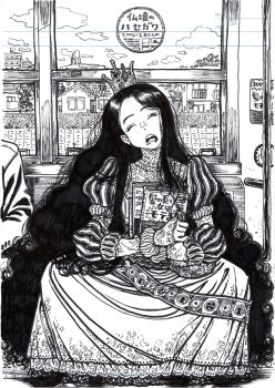  1boy 1girl book closed_eyes crown dress greyscale highres holding holding_book jewelry long_hair monochrome open_mouth original princess sitting sleeping solo_focus suzuki_ken&#039;ya traditional_media train_interior very_long_hair 