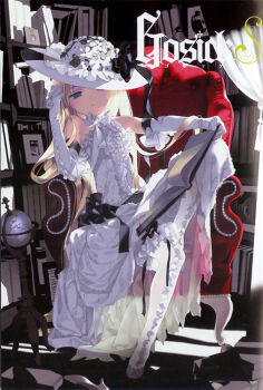  1girl blonde_hair book chair dress elbow_gloves female_focus flower frills full_body globe gloves gosick goth_fashion gothic_lolita green_eyes hair_spread_out hat library lolita_fashion official_art ribbon sitting solo takeda_hinata thighhighs victorica_de_blois white_dress  rating:Sensitive score:23 user:danbooru