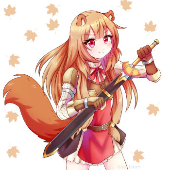  1girl absurdres animal_ear_fluff animal_ears armor belt black_dress blunt_bangs blush breastplate brown_armor brown_belt brown_gloves brown_hair closed_mouth collared_dress commentary cowboy_shot dress elbow_gloves english_commentary floating_hair gloves hands_up high_collar highres holding holding_sheath holding_sword holding_weapon isso_(thatsquirrelly) layered_dress leaf_print leather_armor long_hair long_sleeves looking_at_viewer maple_leaf_print metal_arm_cuffs metal_hair_tubes metal_wrist_cuffs neck_ribbon orange_background pauldrons pinstripe_dress pinstripe_pattern raccoon_ears raccoon_girl raccoon_tail raphtalia red_dress red_eyes red_ribbon ribbon sheath short_dress shoulder_armor simple_background single_pauldron sleeveless sleeveless_dress smile solo straight_hair sword tail tate_no_yuusha_no_nariagari two-tone_background two-tone_dress weapon white_background white_dress 