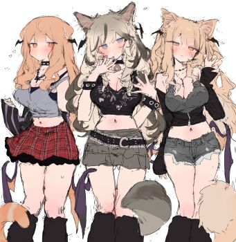  3girls animal_ears belt black_belt black_choker black_leg_warmers black_shirt black_streaks blonde_hair blue_eyes breasts brown_eyes brown_hair bunchi cat_ears cat_girl cat_tail choker cleavage closed_mouth commentary_request demon_wings dot_mouth double-parted_bangs grey_hair grey_shorts grey_skirt grey_tank_top hands_up head_wings highres jewelry large_breasts leg_warmers long_hair looking_at_viewer midriff miniskirt multicolored_hair multiple_girls navel necklace original parted_bangs red_skirt shirt short_shorts shorts simple_background skirt streaked_hair tail tank_top white_background wings yellow_eyes 