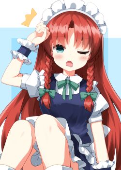  1girl ^^^ apron blue_background blue_dress blue_eyes blush braid collared_shirt commentary_request cosplay dress drooling feet_out_of_frame frilled_apron frilled_dress frills green_ribbon hand_up highres hong_meiling izayoi_sakuya izayoi_sakuya_(cosplay) long_hair looking_at_viewer maid_headdress mouth_drool neck_ribbon one_eye_covered open_mouth parted_bangs red_hair ribbon ruu_(tksymkw) shirt short_sleeves socks solo touhou twin_braids waist_apron white_apron white_shirt white_socks 