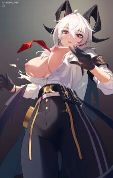  1girl absurdres ahoge armband black_armband black_gloves black_horns black_pants black_tail breasts chinese_commentary commentary_request curled_horns demon_tail earrings from_below gloves grey_eyes hair_between_eyes highres horns jewelry key_earrings large_breasts long_hair looking_at_viewer looking_down manaaluma multicolored_eyes multicolored_hair necktie nipples pants parted_lips red_eyes red_necktie shirt solo streaked_hair tail torn_clothes torn_shirt twitter_username two-tone_eyes white_shirt wuthering_waves zani_(wuthering_waves) 