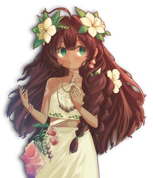  1girl :o absurdres ahoge bare_shoulders brown_hair commentary conch dark-skinned_female dark_skin fatutu flower green_eyes hair_flower hair_ornament hand_up hibiscus highres jewelry leaf_hair_ornament long_hair looking_to_the_side midriff necklace reverse:1999 shell shell_bracelet shell_necklace shirt shoulder_tattoo skirt sleeveless sleeveless_shirt solo tattoo transparent_background upper_body white_flower white_shirt white_skirt wrevhy 