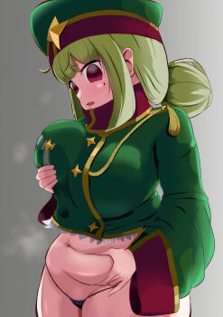  1girl araga_kiwi belly black_panties blazer blush breasts cowboy_shot cropped_jacket empty_eyes eyebrows_hidden_by_hair female_focus from_side grabbing_own_breast green_hair green_hat green_jacket grey_background hair_bun hat jacket large_breasts leoparde_(mahou_shoujo_ni_akogarete) long_sleeves looking_at_breasts looking_down mahou_shoujo_ni_akogarete medium_hair military_uniform mole mole_under_eye multicolored_hat multicolored_jacket navel nervous open_mouth panties pinching_own_belly plump purple_eyes red_hat red_jacket sad simple_background solo surprised sweat towa_lone underwear variant_set yellow_hat yellow_jacket 