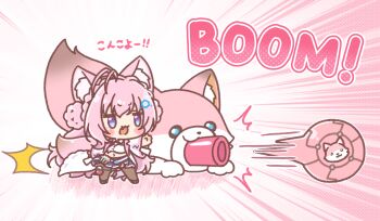  1girl :d ^^^ animal_ear_fluff animal_ears antenna_hair black_shoes blue_skirt braid brown_pantyhose chibi collared_shirt colored_shadow commentary_request crown_braid double_bun emphasis_lines fang firing hair_between_eyes hair_bun hakui_koyori hakui_koyori_(1st_costume) highres hololive jacket midriff mitarashi_neko navel necktie open_clothes open_jacket open_mouth pantyhose pink_hair pink_necktie pleated_skirt purple_eyes shadow shirt shoes skirt smear_frame smile solo standing tail translation_request virtual_youtuber white_background white_jacket white_shirt 