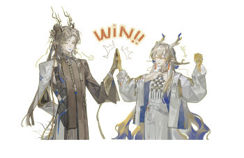  1boy 1girl ^_^ absurdres arknights arm_behind_back blonde_hair blue_hair brother_and_sister cheering closed_eyes coat colored_extremities commentary_request cropped_legs dragon_boy dragon_girl dragon_horns dragon_tail dun_de_xue_yanjiusheng eastern_dragon_horns grey_hair hair_ornament hair_stick high_five highres horns ji_(arknights) looking_at_another mole mole_under_eye multicolored_hair one_eye_closed palms_together pants pointy_ears shu_(arknights) siblings simple_background sweat tail white_background white_pants 