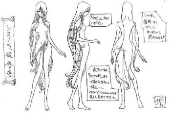  1girl ass barefoot breasts collarbone groin gun_frontier hair_over_crotch hair_over_one_eye japanese_text long_hair matsumoto_leiji navel no_nipples nude official_art reference_sheet sinunora toes very_long_hair  rating:General score:5 user:octopus-slime