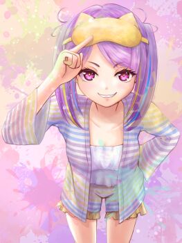  1girl :d absurdres blonde_streaks blue_streaks breasts collarbone commentary_request cowboy_shot diamond-shaped_pupils diamond_(shape) eyelashes fang frilled_shorts frills grin hand_on_own_hip hand_up heaven_burns_red highres index_finger_raised ishii_iroha leaning_forward lips long_sleeves mask mask_on_head medium_breasts medium_hair multicolored_hair open_mouth paint_splatter pajamas pink_background purple_eyes purple_hair shorts simple_background sleep_mask smile smug solo straight-on straight_hair streaked_hair striped_clothes striped_pajamas striped_shorts sybilla_(batvb) symbol-shaped_pupils twintails v-shaped_eyebrows wide_sleeves yellow_pupils 