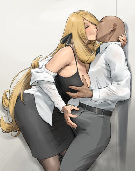  1boy 1girl absurdres black_dress blonde_hair breasts bulge cocktail_dress crotch_grab cynthia_(pokemon) dark-skinned_male dark_skin dress faceless faceless_male french_kiss grabbing_another's_breast grey_pants groping hair_ornament hetero highres kiss large_breasts long_hair nintendo pants pokemon realistic salaryman shirt very_long_hair wasabishouyu white_shirt 