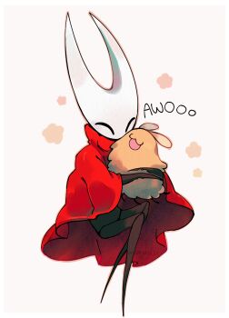  1girl :3 arthropod_girl artist_name black_skin blush cloak closed_eyes colored_skin commentary flea_(hollow_knight) fluffy happy highres hollow_knight hollow_knight:_silksong horned_mask hornet_(hollow_knight) mask miikrowelle open_mouth red_cloak smile white_mask 