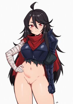  1girl absurdres ahoge armor axl_crow bandaged_arm bandages black_hair bottomless breastplate breasts cleft_of_venus closed_mouth commentary cowboy_shot demonherd double-parted_bangs english_commentary gauntlets hair_between_eyes hand_on_own_hip highres large_breasts long_hair looking_at_viewer navel pussy red_eyes red_scarf rin_(demonherd) scarf simple_background single_gauntlet solo white_background 