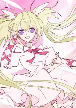  1girl blonde_hair clenched_teeth commentary cowboy_shot dress feathers hashtag-only_commentary highres hoshina_utau magical_girl pink_dress puffy_short_sleeves puffy_sleeves purple_eyes seraphic_charm short_sleeves shugo_chara! sidelocks smile solo symbol-only_commentary teeth twintails wings yuzikoz_mega 