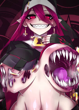  1girl absurdres black_gloves black_veil body_horror breast_mouth breasts commentary crazy_grin demon_girl double-parted_bangs earrings english_commentary extra_mouth fingerless_gloves gloves grin hair_between_eyes highres huge_breasts inverted_cross_earrings jewelry long_hair looking_at_viewer nude nun original pink_eyes pointy_ears purple_hair saliva sharp_teeth smile solo st41nn teeth tongue upper_body vampire veil 