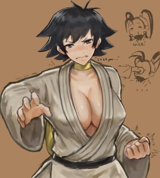  ... 2girls annoyed belt black_belt black_hair blood blush breasts chibi chibi_inset choker cleavage clenched_hand commentary covered_erect_nipples dougi english_commentary english_text fighting_stance ibuki_(street_fighter) imageboard_desourced in_the_face karate karate_gi large_breasts makoto_(street_fighter) melonnn multiple_girls no_bra nose_blush nosebleed punching ribbon_choker short_hair solo_focus street_fighter street_fighter_iii_(series) tearing_up tomboy wide_sleeves yellow_choker yuri 