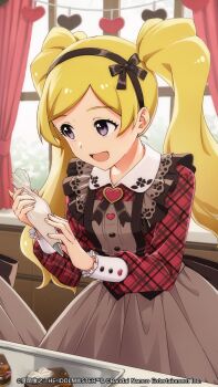 1girl black_bow black_hairband blonde_hair bow brown_skirt company_name cookie cooking copyright_name copyright_notice day emily_stewart food hair_bow hairband heart heart-shaped_cookie heart-shaped_food highres holding holding_pastry_bag idolmaster idolmaster_million_live! idolmaster_million_live!_theater_days indoors kitchen long_hair long_sleeves official_art official_wallpaper open_mouth pastry_bag plaid_clothes plaid_shirt purple_eyes second-party_source shirt skirt smile solo standing twintails valentine