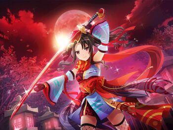  1girl akikaze_rui arm_up black_gloves black_hair closed_mouth detached_sleeves egasumi fingerless_gloves fishnet_thighhighs fishnets full_moon game_cg gloves gradient_clothes holding holding_sword holding_weapon japanese_clothes kimono long_hair looking_at_viewer moon night obi official_art ootachi ponytail red_eyes red_scarf red_sky red_theme sash scarf shoujo_kageki_revue_starlight shoujo_kageki_revue_starlight_-re_live- sidelocks sky sleeveless sleeveless_kimono solo standing sword thighhighs upper_body v-shaped_eyebrows weapon white_kimono wide_sleeves 