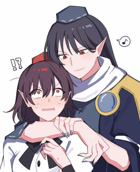 !? 2girls arm_around_neck black_hair black_ribbon blue_hat blue_nails blue_shirt blush brown_hair closed_mouth commentary_request full-face_blush hat highres iizunamaru_megumu long_hair looking_at_another multiple_girls musical_note neck_ribbon nervous nervous_sweating open_mouth pointy_ears red_eyes red_hat ribbon sakic43899 shameimaru_aya shirt simple_background smile spoken_musical_note sweat tokin_hat touhou upper_body v-shaped_eyebrows white_background white_shirt 