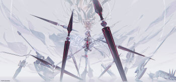  2girls axe bare_arms bare_legs bare_shoulders battle_axe blonde_hair blue_eyes breast_curtains crymachina cyborg double_bun dress enoa_(crymachina) floating floating_hair floating_object floating_weapon gold_hairband grey_hair hair_bun hairband highres holding holding_polearm holding_weapon hug huge_weapon jewelry joints leben_distel_(crymachina) long_hair long_pointy_ears mechabare mechanical_arms mechanical_legs multiple_girls multiple_weapons official_art pelvic_curtain planted pointy_ears polearm red_eyes robot_joints rolua second-party_source twintails very_long_hair weapon white_dress 