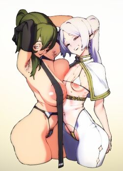  2girls armpit_hair asymmetrical_docking bikini black_gloves blush breast_curtains breast_press breasts brown_background capelet closed_mouth commentary cropped_legs doxy elf english_commentary female_pubic_hair frieren from_side gloves green_eyes green_hair hair_between_eyes highres hiphighs large_breasts long_hair looking_at_viewer makeup micro_bikini mole mole_on_armpit multiple_girls navel open_mouth pointy_ears ponytail pubic_hair pubic_hair_peek small_breasts smile sousou_no_frieren swimsuit teeth thick_eyebrows ubel_(sousou_no_frieren) white_capelet white_hair 