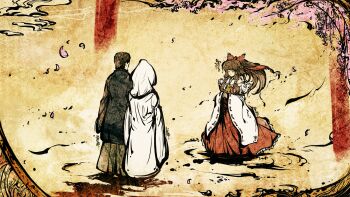 1boy 2girls ascot bow bride brown_eyes brown_hair cherry_blossoms couple detached_sleeves dress frills from_behind hair_bow hair_tubes hakurei_reimu hetero highres hood japanese_clothes kimono multiple_girls own_hands_clasped own_hands_together petals robe short_hair skirt smile tokiame touhou tree uchikake wedding white_kimono wide_sleeves wind zun zun's_wedding zun's_wife