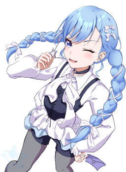  1girl absurdres axe black_choker black_pantyhose black_vest blue_eyes blue_hair bow braid choker collared_shirt commentary hair_bow hand_on_own_hip hand_up highres holding holding_key holding_letter hololive hoshimachi_suisei key letter long_sleeves miniskirt one_eye_closed open_mouth pantyhose primadonna_(hoshimachi_suisei) shirt shorts simple_background skirt smile soware star_(symbol) star_in_eye symbol_in_eye twin_braids vest virtual_youtuber watermark white_background white_bow 