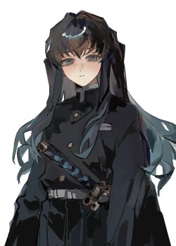  1boy aqua_eyes aqua_hair belt black_hair black_hakama black_jacket buttons closed_mouth commentary_request demon_slayer_uniform gold_buttons hakama high_collar highres jacket japanese_clothes kimetsu_no_yaiba kinokokokotori light_blush looking_at_viewer male_focus multicolored_hair simple_background solo tokitou_muichirou two-tone_hair upper_body white_background white_belt wide_sleeves 