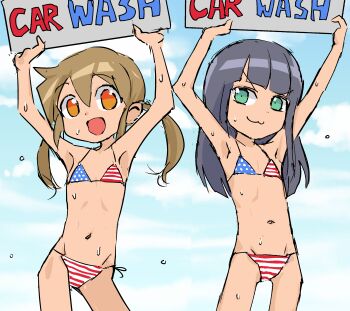  >:3 2girls :3 :d absurdres akame-chan_(kyo-yan) american_flag american_flag_bikini american_flag_print armpits arms_up bikini black_hair blue_sky blunt_bangs brown_eyes brown_hair cloud cowboy_shot day female_focus flag_print flag_print_bikini flat_chest green_eyes hair_between_eyes highres holding holding_sign kyo-yan loli long_hair looking_at_viewer micro_bikini multiple_girls navel open_mouth orange_eyes original outdoors print_bikini sign sketch sky smile sprout_on_head standing sweat swimsuit tan twintails watanyabe_(kyo-yan) wet 