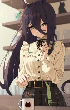  1girl absurdres animal_ear_piercing animal_ears azuki_(azuki_azukki) belt belt_buckle black_belt black_hair black_ribbon black_tail blurry blurry_background blush buckle closed_mouth commentary_request cup earrings frilled_shirt_collar frills hair_between_eyes highres horse_ears horse_girl indoors jewelry long_hair long_hair_between_eyes long_sleeves manhattan_cafe_(casual)_(umamusume) manhattan_cafe_(umamusume) mug neck_ribbon ribbon shirt single_earring smile solo umamusume valentine very_long_hair yellow_eyes yellow_shirt 