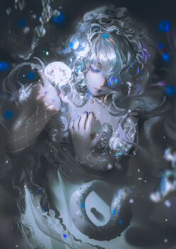  1girl blue_flower blue_nails blue_rose blurry blurry_background blurry_foreground closed_eyes closed_mouth commentary_request depth_of_field dress facing_viewer flower flower_over_eye grey_dress grey_hair hands_up highres jellyfish miemia nail_polish original rose solo suction_cups tentacles underwater 