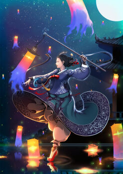  1girl architecture bad_id bad_pixiv_id beoseon black_hair danghye east_asian_architecture female_focus full_moon gache hair_bun hair_ornament hair_slicked_back hairpin hanbok highres korean_clothes lantern lantern_on_liquid maedeup michael.r moon night outdoors paper_lantern pointy_footwear profile red_shoes reflection shoes single_hair_bun sky solo standing standing_on_one_leg star_(sky) starry_sky tassel water weapon 