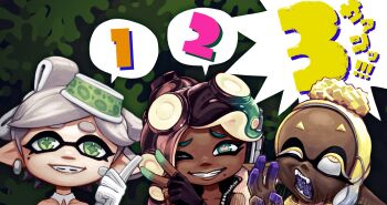  3girls black_hair blonde_hair colored_extremities commentary_request cross-shaped_pupils dark-skinned_female dark_skin earrings eyebrows_hidden_by_hair fingerless_gloves forehead frye_(deep_cut_outfit)_(splatoon) frye_(splatoon) gloves gradient_hair green_background green_eyes grey_hair grin half-closed_eye highres inkling jewelry marie_(splatoon) marie_(squid_sisters_outfit)_(splatoon) marina_(off_the_hook_outfit)_(splatoon) marina_(splatoon) mole mole_under_eye mole_under_mouth motion_lines multicolored_hair multiple_girls nintendo octoling one_eye_closed pointy_ears raised_eyebrow sakkan short_eyebrows smile splatoon_(series) splatoon_1 splatoon_2 splatoon_3 symbol-shaped_pupils thick_eyebrows very_dark_skin white_gloves yellow_eyes 