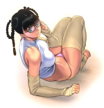  1girl arm_support bad_id bad_pixiv_id bare_shoulders bespectacled black_hair braid braided_hair_rings breasts brown_eyes dead_or_alive detached_leggings detached_sleeves elbow_gloves female_focus glasses gloves hair_rings highleg highleg_panties homare_(fool's_art) lei_fang long_hair panties pants purple_panties simple_background solo tecmo twin_braids underwear  rating:Sensitive score:80 user:danbooru