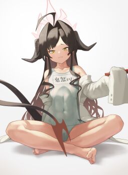  1girl absurdres ahoge alternate_color_school_swimsuit alternate_costume bare_legs barefoot black_hair blue_archive breasts covered_navel demon_girl demon_horns demon_tail fang halo highres horns indian_style kasumi_(blue_archive) lab_coat long_hair mutsuki_albino name_tag one-piece_swimsuit red_halo school_swimsuit sitting small_breasts solo swimsuit tail very_long_hair white_one-piece_swimsuit yellow_eyes 