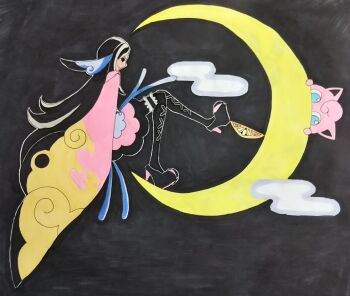  1girl aqua_eyes badge badge_(pokemon) black_background black_hair black_pantyhose black_shoes closed_mouth commentary_request crescent dax-dax eyelashes fairy_badge_(pokemon_xy) from_side full_body gen_1_pokemon high_heels highres japanese_clothes jigglypuff kimono long_hair nintendo pantyhose pink_kimono pokemon pokemon_(creature) pokemon_xy shoes simple_background smile traditional_media valerie_(pokemon) very_long_hair 