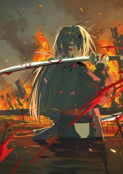  1boy absurdres arrow_(projectile) arrow_in_ground backlighting banner battle blood blood_on_clothes blood_on_face blood_on_hands blood_spray bloody_weapon blue_eyes blue_hair blue_hakama blue_kimono burning closed_mouth cloud cloudy_sky commentary_request fire from_behind fubuki_(nige_jouzu_no_wakagimi) gloves hair_over_one_eye hakama highres holding holding_sword holding_weapon japanese_clothes katana kimono long_hair long_sleeves looking_at_viewer looking_back low_ponytail male_focus multiple_swords nige_jouzu_no_wakagimi one_eye_covered outdoors over_shoulder partially_submerged ponytail puffy_long_sleeves puffy_sleeves red_pupils scabbard shade sheath sky solo sword tsurime very_long_hair weapon weapon_over_shoulder white_gloves wolf_cut xiao_(creation0528) 