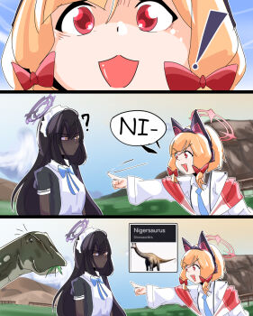  ! 2girls 3koma ? animal_ear_headphones animal_ears apron ark_survival_evolved bait_and_switch black_hair blonde_hair blue_archive blue_necktie blue_ribbon cat_ear_headphones cat_ears comic commentary dark-skinned_female dark_skin day dinosaur english_commentary english_text fake_animal_ears frown halo headphones highres karin_(blue_archive) laosburger maid_apron maid_headdress meme momoi_(blue_archive) multiple_girls necktie nigersaurus notice_lines outdoors pointy_ears prehistoric_animal racism racist_momoi_(meme) red_eyes ribbon sauropod screenshot_inset shirt speech_bubble unamused white_apron white_shirt yellow_eyes  rating:General score:20 user:i_ruv_u
