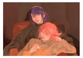  2girls alternate_costume animal_ears bad_id bad_twitter_id blunt_bangs brown_background collared_shirt couch couple fox_ears fox_girl genshin_impact hair_between_eyes head_tilt highres indoors leaning_to_the_side long_hair long_sleeves mole mole_under_eye multiple_girls on_couch one_eye_closed onevwin pink_hair purple_eyes purple_hair raiden_shogun shirt sitting yae_miko yuri 