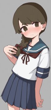  1girl adjusting_hair aki_inu blue_sailor_collar blue_skirt blush bow braid brown_hair commentary_request cowboy_shot frown grey_background hair_bow hair_over_shoulder kantai_collection long_hair looking_at_viewer neckerchief pleated_skirt red_bow red_neckerchief sailor_collar shirt short_sleeves sidelocks simple_background skirt solo standing swept_bangs uranami_(kancolle) white_shirt 