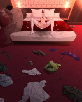  1boy 1girl aftersex age_difference asahiyama_high_school_uniform black_ribbon breasts butterfly_hair_ornament cigarette clothes_on_floor commentary_request condom cum cum_in_pussy cumdrip eruu_(eruuman) female_pubic_hair fucked_silly go-toubun_no_hanayome hair_ornament hair_ribbon hetero highres holding holding_cigarette hotel_room indoors large_breasts nakano_nino navel nipples nude on_bed paid_reward_available pink_hair pointless_condom pubic_hair pussy ribbon school_uniform smoking sweat thighhighs unworn_clothes used_condom white_thighhighs 