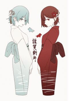  2girls alternate_costume brown_hair chibi chibi_inset cropped_legs earrings expressionless flower from_side gradient_clothes gradient_kimono green_eyes green_hair grin hair_behind_ear hair_flower hair_ornament highres horse japanese_clothes jewelry kanzashi kimono long_sleeves looking_at_viewer looking_to_the_side multiple_girls nengajou new_year obi obijime profile red_eyes red_kimono sash short_hair simple_background smile soide_(vocaloid) standing stud_earrings torishima_(oshiritorishima) translation_request white_kimono 